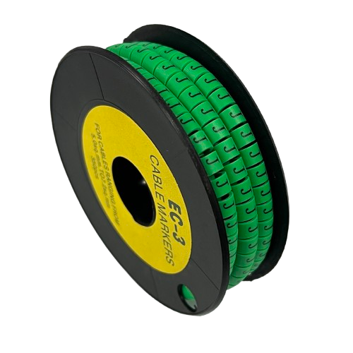 Spool of green Cable "J" Marker 5.0mm to 7.2mm Green cable markers on a black reel for cable management