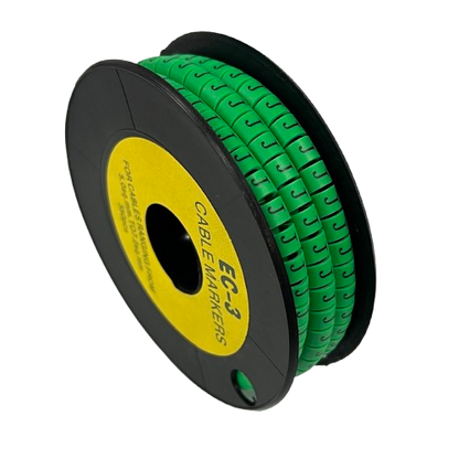 Spool of green Cable "J" Marker 5.0mm to 7.2mm Green cable markers on a black reel for cable management