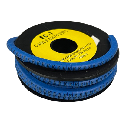 Spool of blue spiral cable markers printed with K for wire labeling Cable "K" Marker 2.6mm to 4.2mm Blue