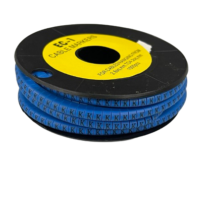 Blue spool of cable markers labeled K on strips Cable "K" Marker 2.6mm to 4.2mm Blue for cable management from China