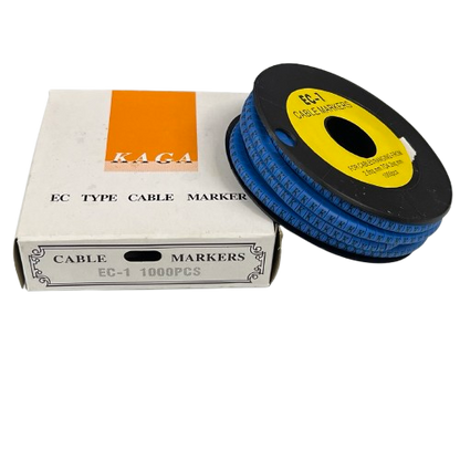 Box and spool of blue cable markers Cable "K" Marker 2.6mm to 4.2mm Blue for wire labeling