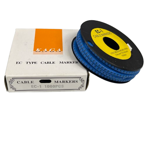 Box and spool of blue cable markers Cable "K" Marker 2.6mm to 4.2mm Blue for wire labeling