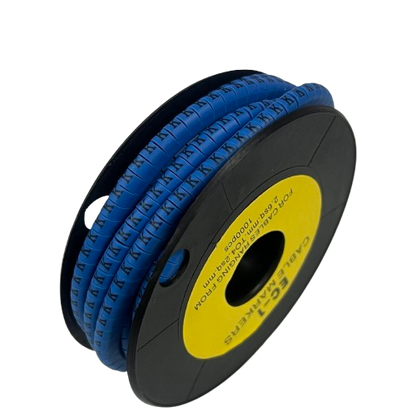 Spool of blue Cable "K" Marker 2.6mm to 4.2mm for cable management showing repeated K labels
