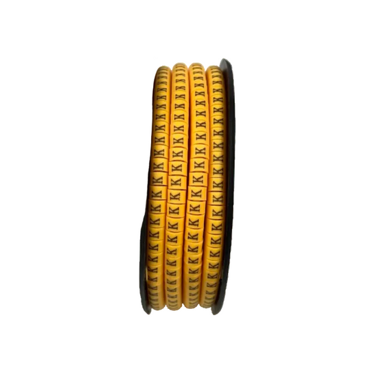 Reel of yellow cable markers with repeating K labels Cable "K" Marker 2.6mm to 4.2mm Yellow for wire identification
