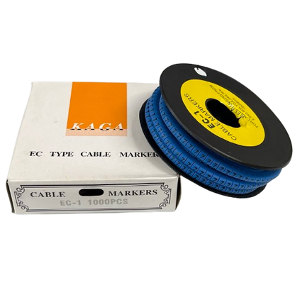 Spool of blue cable markers and white labeled box Cable Marke Blue - 7 for cable management and wire labeling