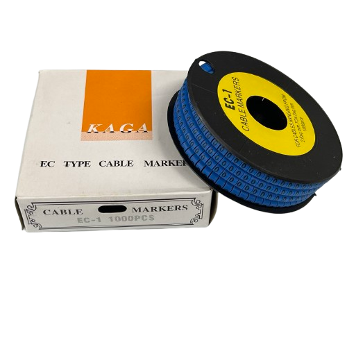 Reel of Cable Marker 0 Blue cable markers on black spool with yellow label and white KAGA box