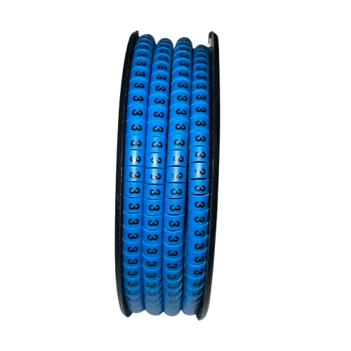 Spool of blue numeric cable markers showing repeated 3 labels Cable Marker 3 Blue for wire identification and organization