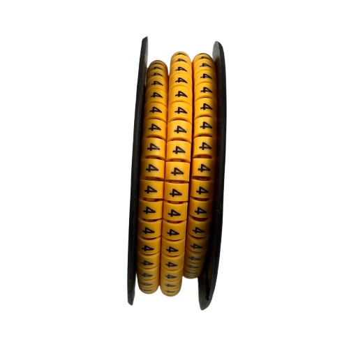 Grippes Cable Marker - 4 Yellow reel showing multiple yellow number 4 markers on a black spool for cable organization