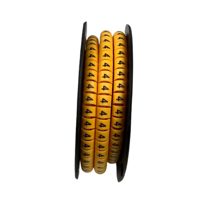 Grippes Cable Marker - 4 Yellow reel showing multiple yellow number 4 markers on a black spool for cable organization