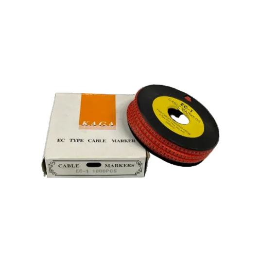 Grippes Cable Marker 5 Red numbered cable ID tape on black spool with white storage box for wiring