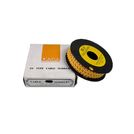 Grippes Cable Marker 9 - Yellow numeric cable markers on a black reel with white EC type box for labeling
