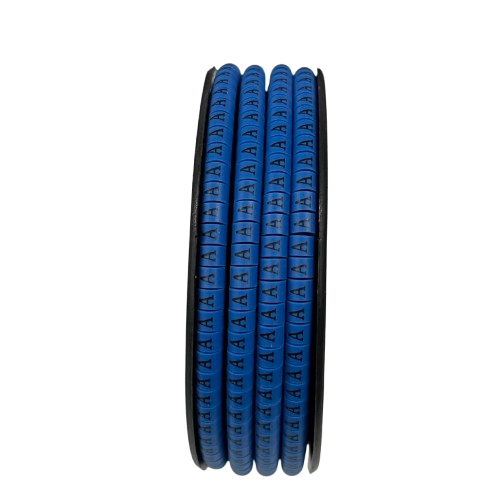 Cable Marker - A Blue spool of adhesive cable labels with repeated A characters for wire identification