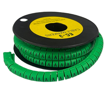 Cable Marker - A Green on a black spool of snap on cable labels for wire organization and identification
