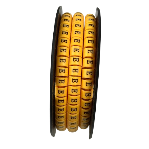 Grippes Cable Marker - E Yellow spool of round yellow letter E cable management markers on reel