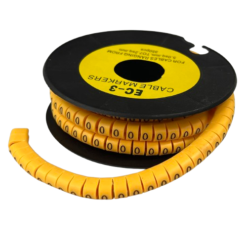 Spool of Cable Marker Yellow 0 wrap around cable markers in yellow showing repeated 0 digits for cable management