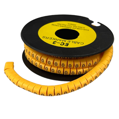 Spool of Cable Marker Yellow 0 wrap around cable markers in yellow showing repeated 0 digits for cable management