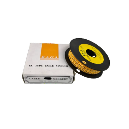 China made Cable Marker Yellow 2. spool of yellow numeric cable markers on black reel with white box packaging