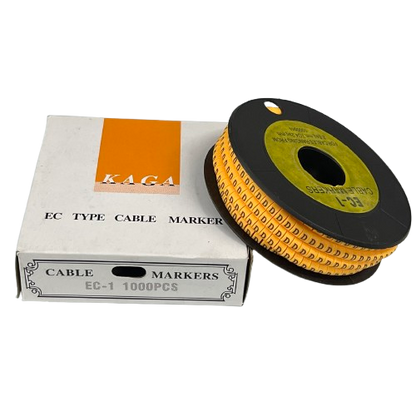 China cable management spool and box showing yellow ring labels with "D" Marker 2.6mm to 4.2mm for wiring identification
