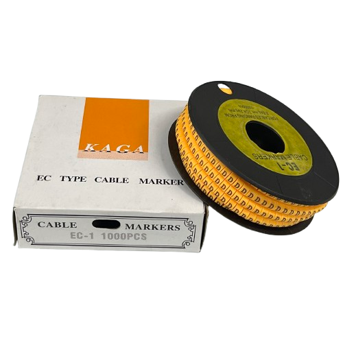 China cable management spool and box showing yellow ring labels with "D" Marker 2.6mm to 4.2mm for wiring identification