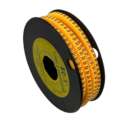 Spool of yellow cable markers with repeated D labels "D" Marker 2.6mm to 4.2mm for wire identification