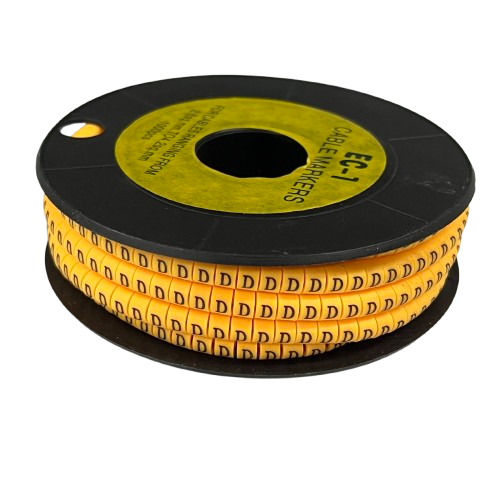 Spool of yellow cable management labels showing repeated "D" Marker 2.6mm to 4.2mm for wire identification