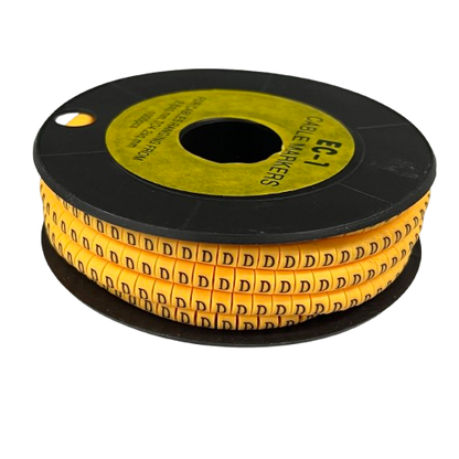 Spool of yellow cable management labels showing repeated "D" Marker 2.6mm to 4.2mm for wire identification