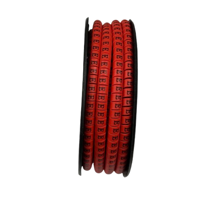 Grippes spool of red cable markers "E" Marker Red 2.6mm to 4.2mm 1000pcs showing printed E beads for 2.6-4.2mm wire