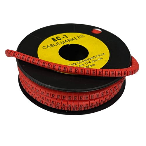 Grippes cable markers spool showing red printed E labels for wires "E" Marker Red 2.6mm to 4.2mm 1000pcs