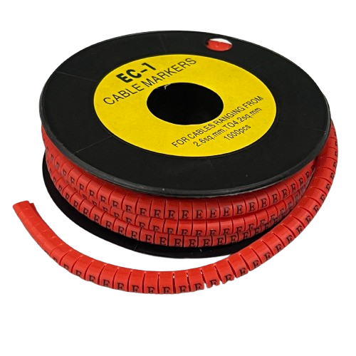 Grippes reel of red cable markers for labeling wires "E" Marker Red 2.6mm to 4.2mm 1000pcs