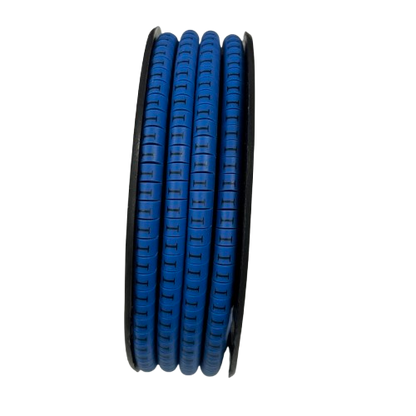 Spool of blue cable markers for organization Cable "I" Marker 2.6mm to 4.2mm Blue on black background