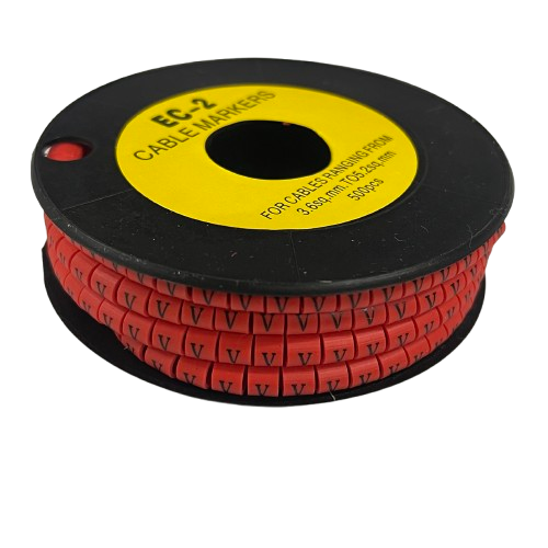Grippes EC-2 cable markers spool with red labeled cable management markers for organized wiring