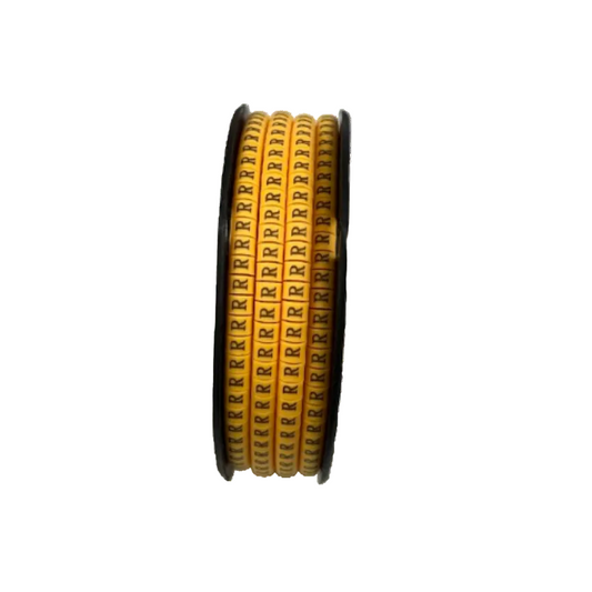 Spool of yellow cable markers labeled R Marker 2.6mm to 4.2mm for cable management from China