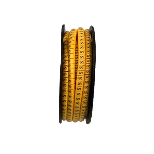 Yellow cable management spool with S Marker 2.6mm to 4.2mm printed on the markers from China