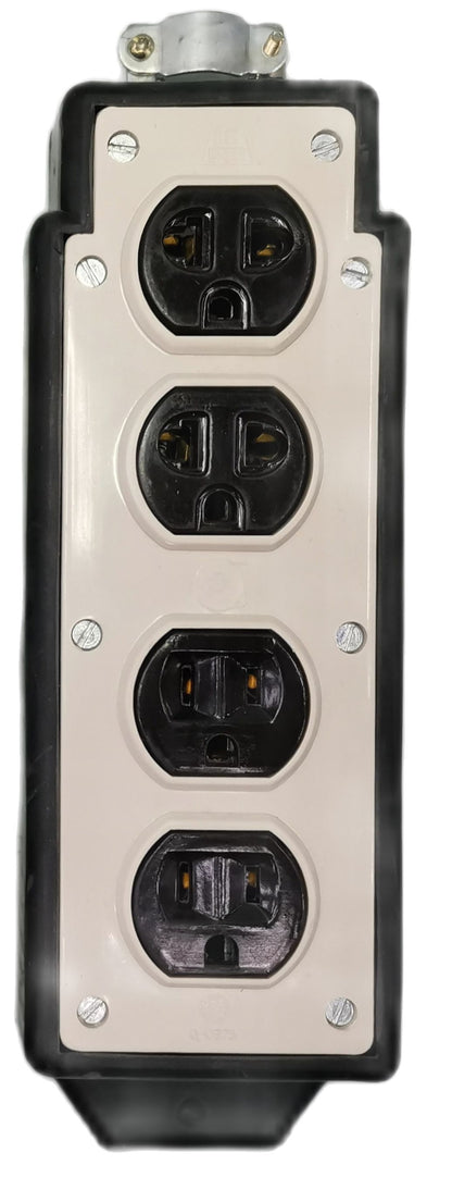 Kopez 4 gang rubber electrical outlet with four black power sockets in a rectangular frame