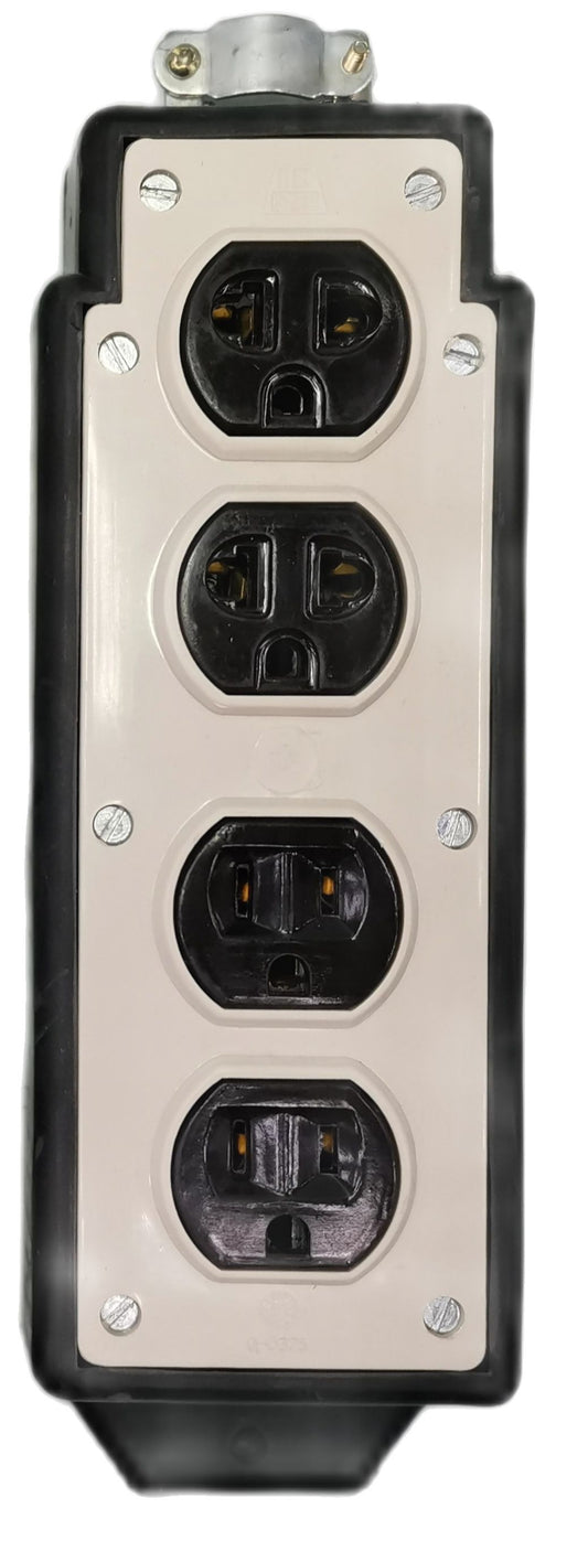 Kopez 4 gang rubber electrical outlet with four black power sockets in a rectangular frame