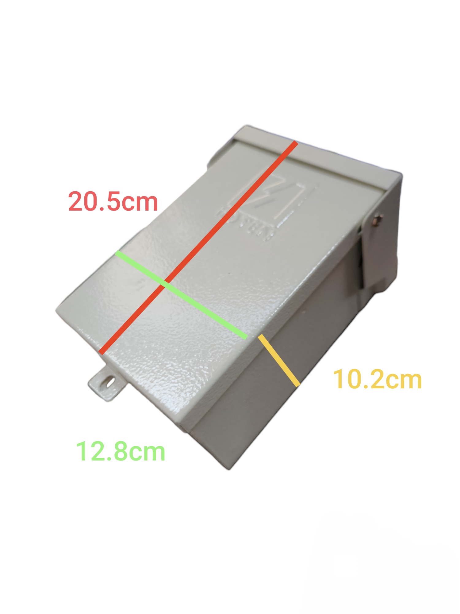 Koten weatherproof MCB enclosure box angled metal cover with hinged lid and mounting tab showing dimensions