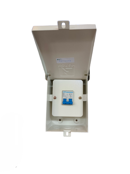 Koten weatherproof MCB enclosure box hinged cover open showing single pole blue MCB mounted inside