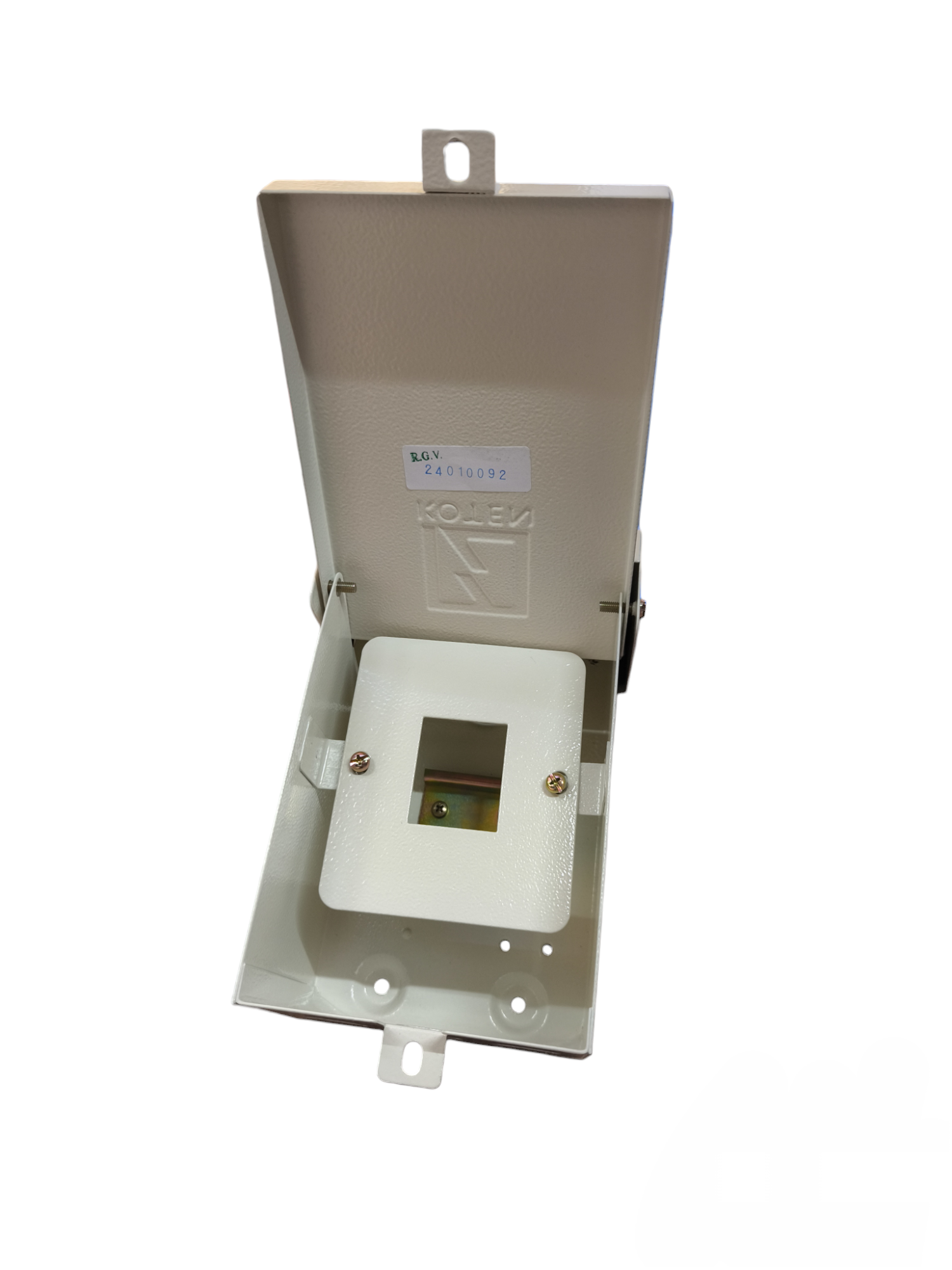Koten weatherproof MCB enclosure box open beige metal hinged cover with mounting tabs and cutout