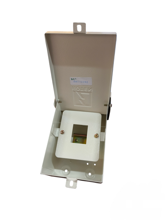 Koten weatherproof MCB enclosure box open beige metal hinged cover with mounting tabs and cutout