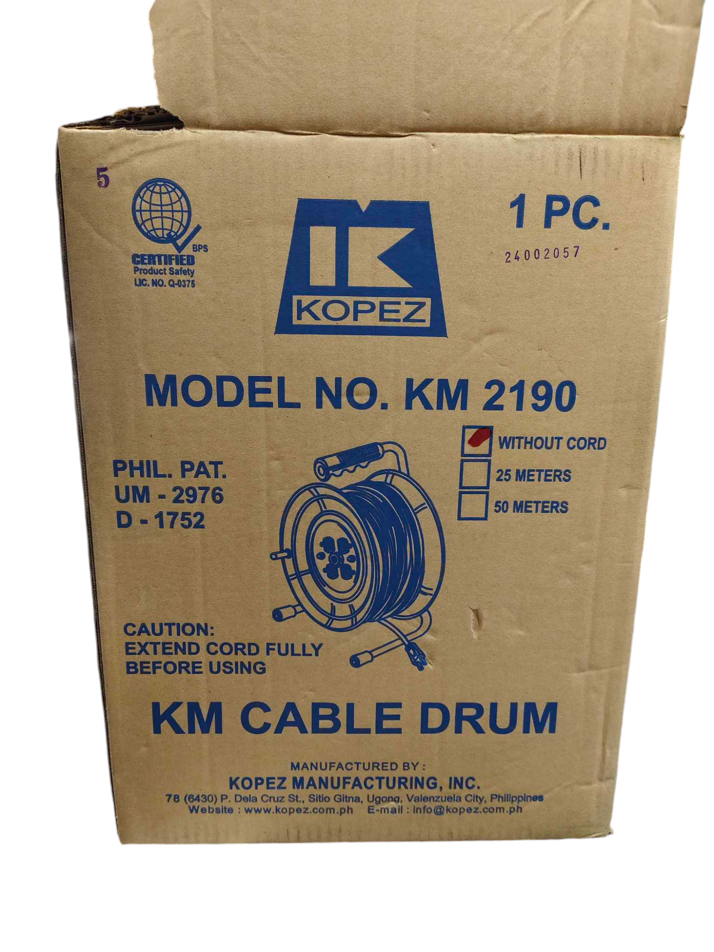 Kopez industrial extension cord drum KM 2190 in original packaging box with 25 and 50 meter cord options