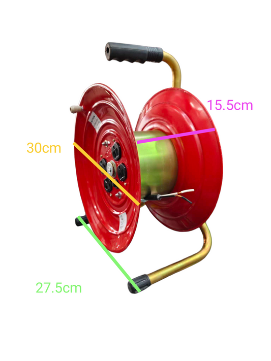 Kopez industrial extension cord drum with red reel and gold handle measuring 30 cm in diameter
