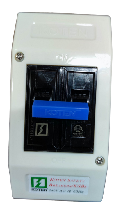 Koten dual pole circuit breaker in white plastic case featuring blue handle 100A Breaker with Enclosure 10Kaic