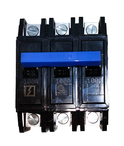 Koten 100A Circuit Breaker Bolt On 3 Phase black electrical component with blue handle