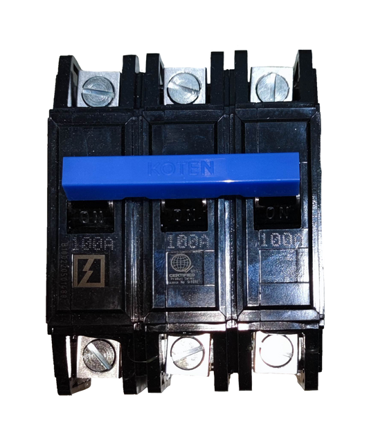 Koten 100A Circuit Breaker Bolt On 3 Phase black electrical component with blue handle