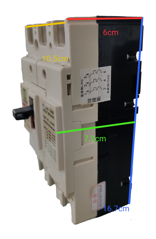Koten 125A molded case circuit breaker with detailed measurements in white and black casing