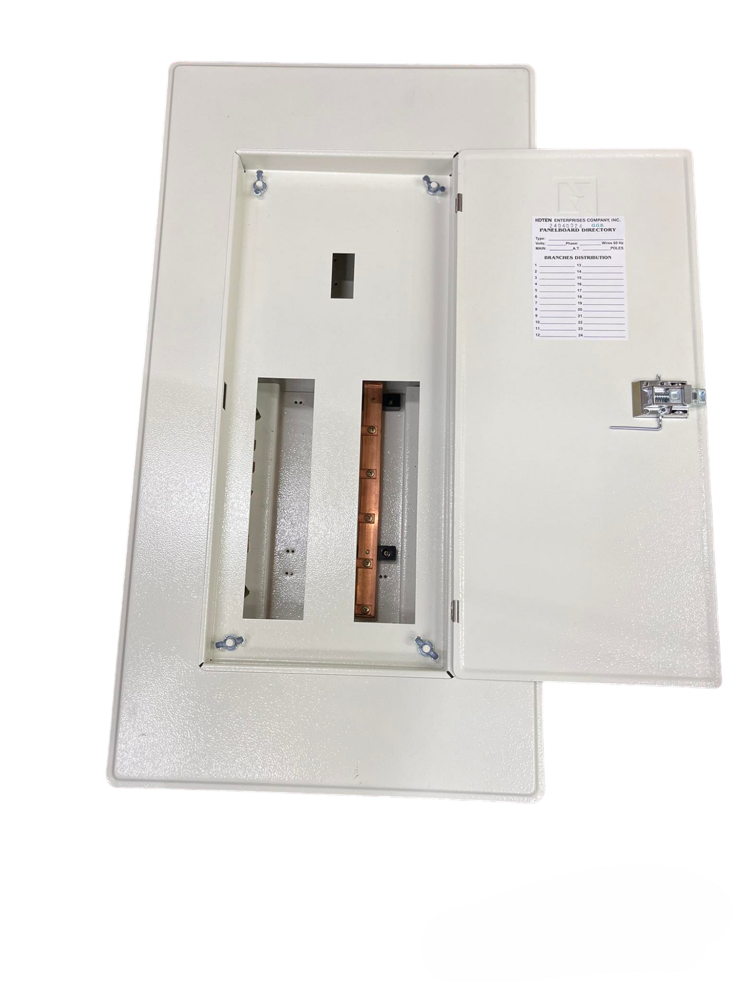 Koten white metal panel with open door showing copper bus and breaker slots 125a Panel Board with 10 Branches Bolt-on Breaker.