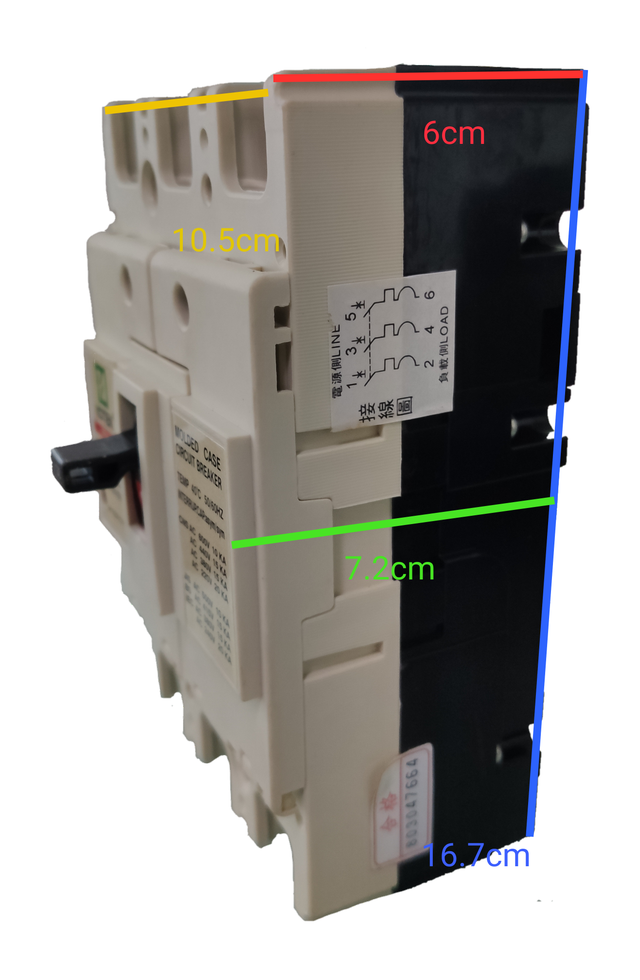 Koten 175A Industrial Circuit Breaker 3 Pole with compact design and labeled wiring diagram