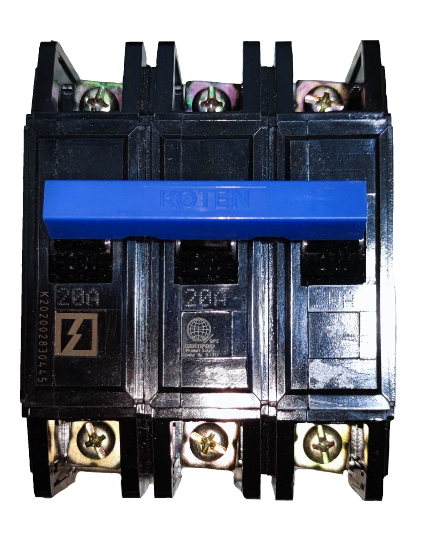 Koten 20A 3 phase Bolt on circuit breaker with blue handle and black body for electrical circuitry