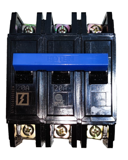 Koten 20A 3 phase Bolt on circuit breaker with blue handle and black body for electrical circuitry