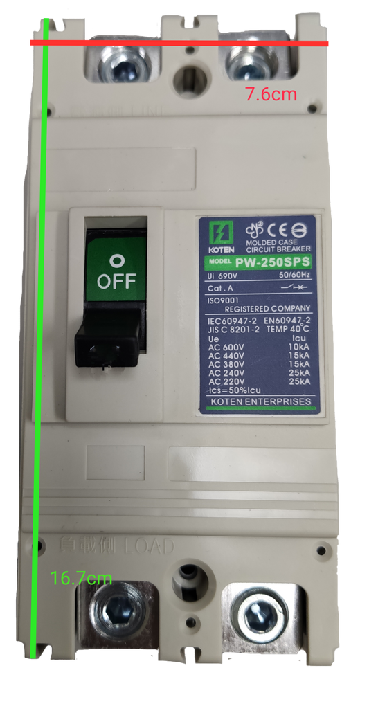 Koten 225A molded case circuit breaker with on off switch and technical specifications label